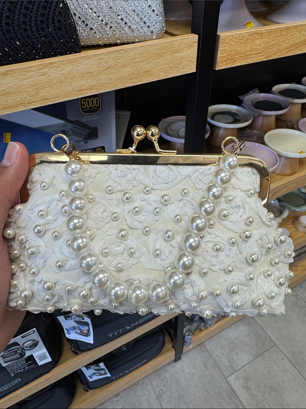 Elegant Pearl Embellished Cream Clutch Handbag
